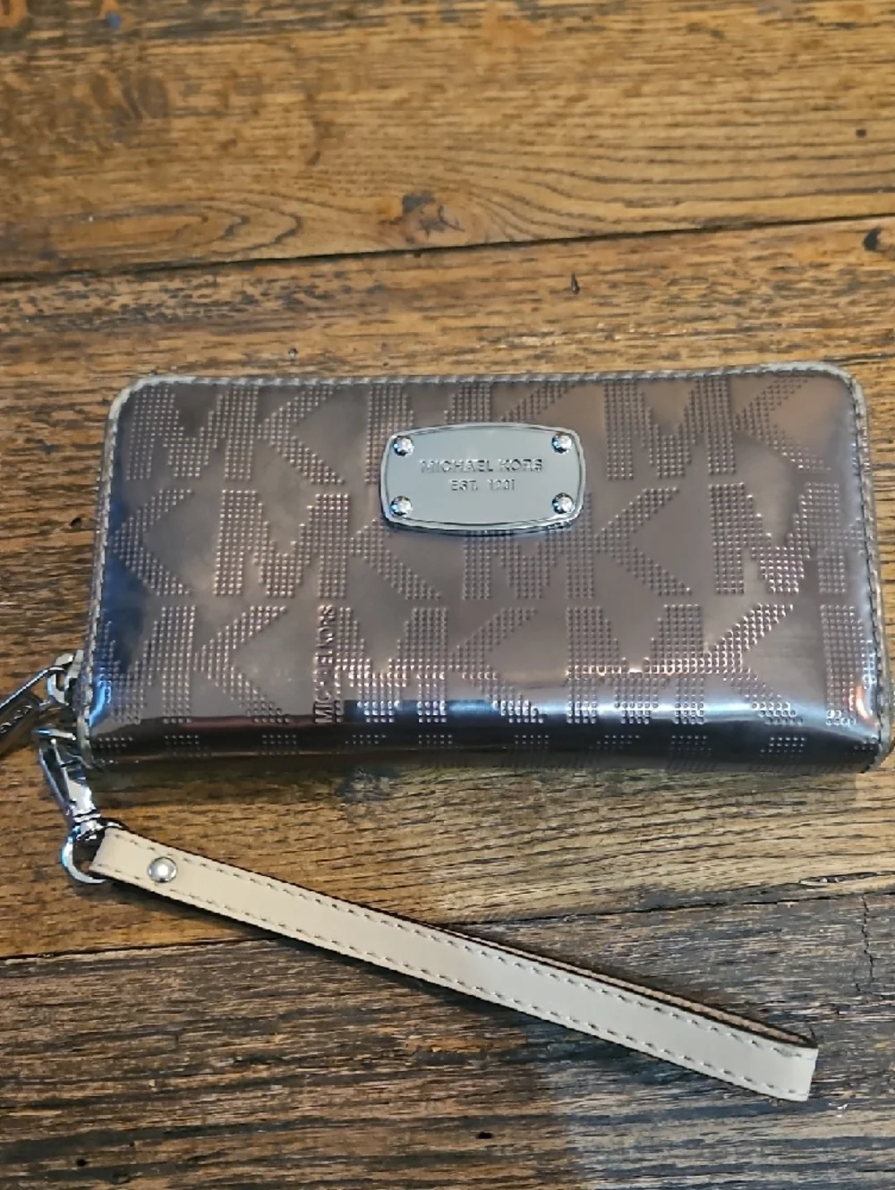 Michael Kors Metallic Bronze Logo Wristlet Wallet with Cream Strap‎